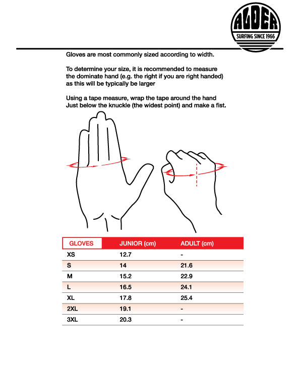 Alder Spirit 4mm Wetsuit Gloves - Size Guide